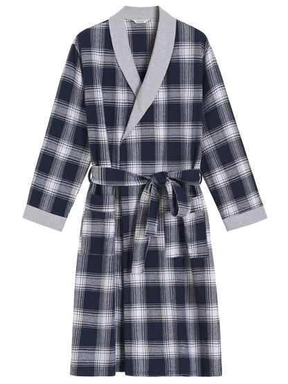 Men's Cotton Flannel Robe Knee Length Plaid Bathrobe - Latuza