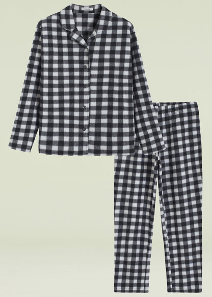 Women's Plaid Fleece Pajamas Set Notch Collar Shirt and Pants