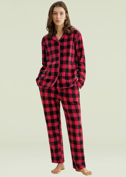 Women's Plaid Fleece Pajamas Set Notch Collar Shirt and Pants