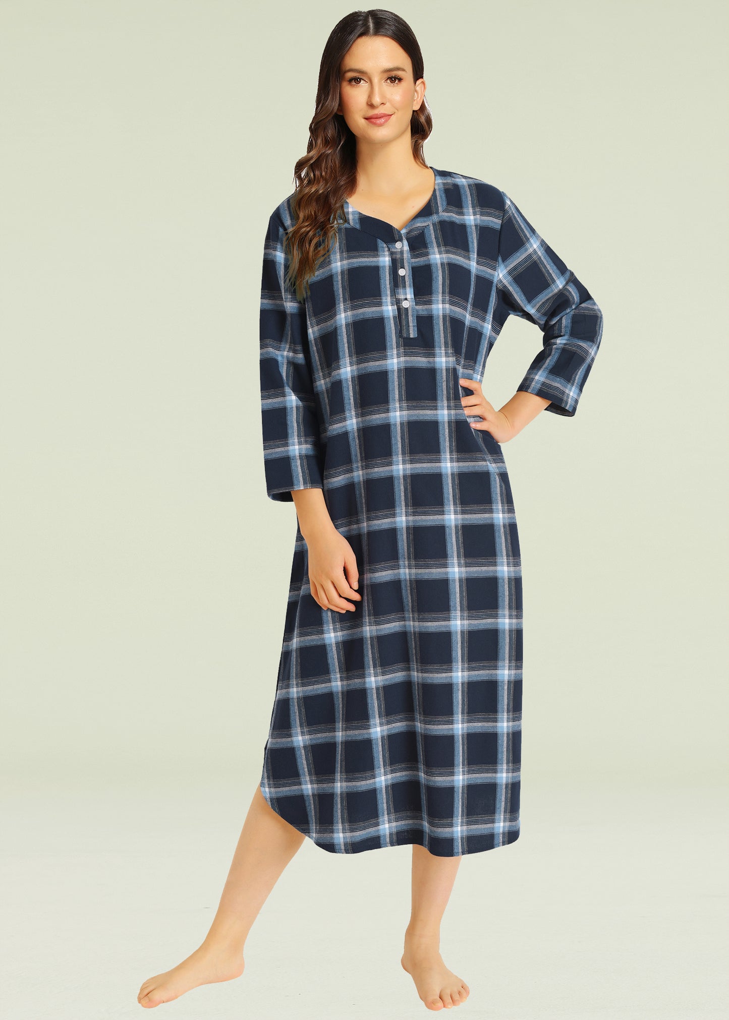 Women's Plaid Flannel Nightgown Warm Cotton Midi Nightgown