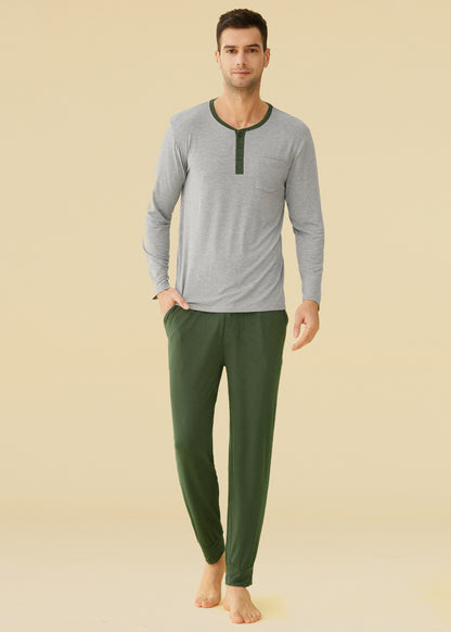 Men's Bamboo Viscose Pajamas Set Henley Long Sleeves Top Pants