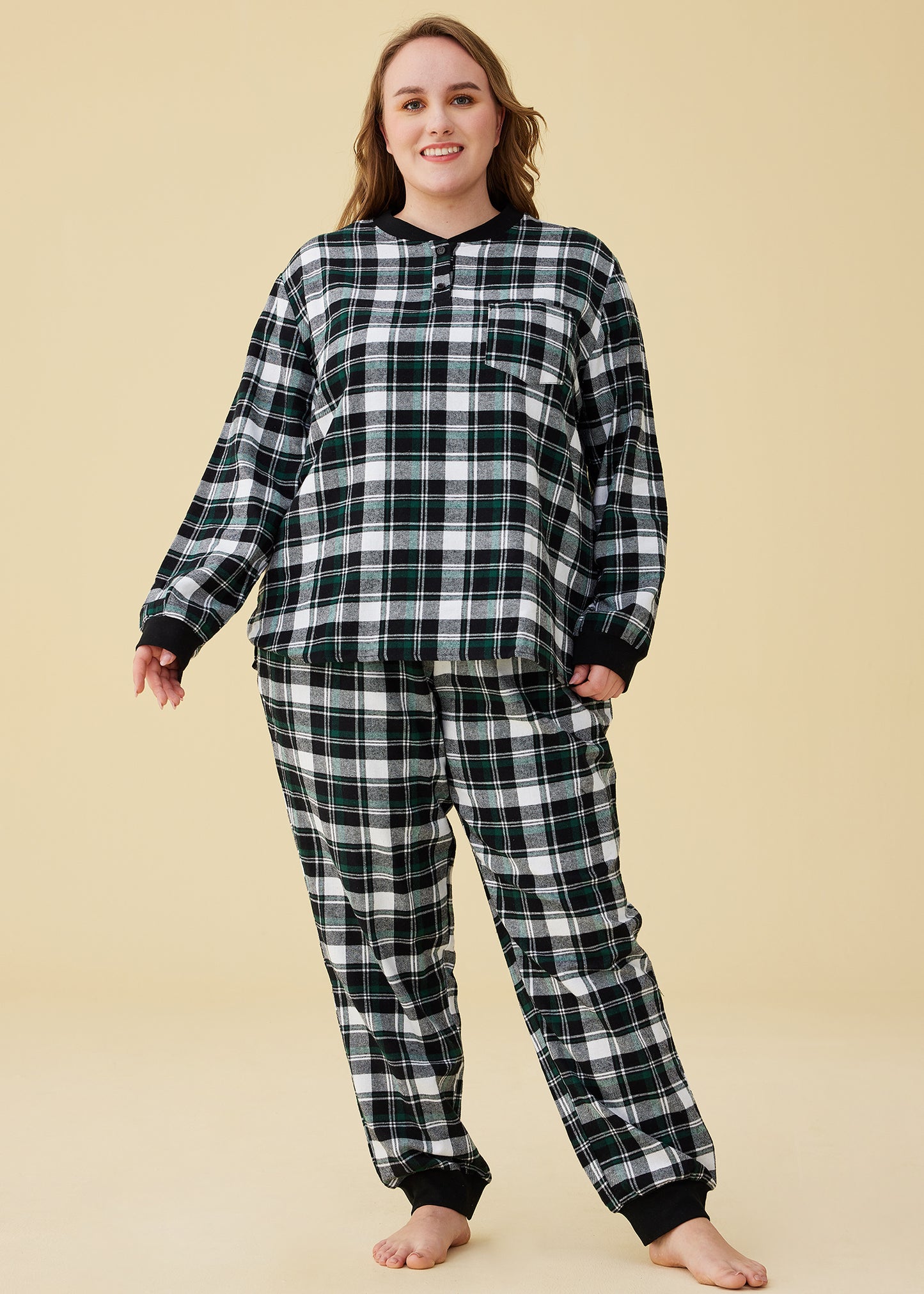 Women's Flannel Cotton Plaid Jogger Pants Pajamas Set