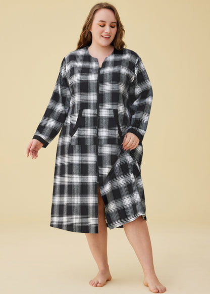 Women's Cotton Plaid Nightgown Long Flannel Zipper Nightgown