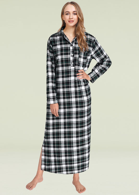 Women's Plaid Flannel Nightgowns Full Length Sleep Shirts