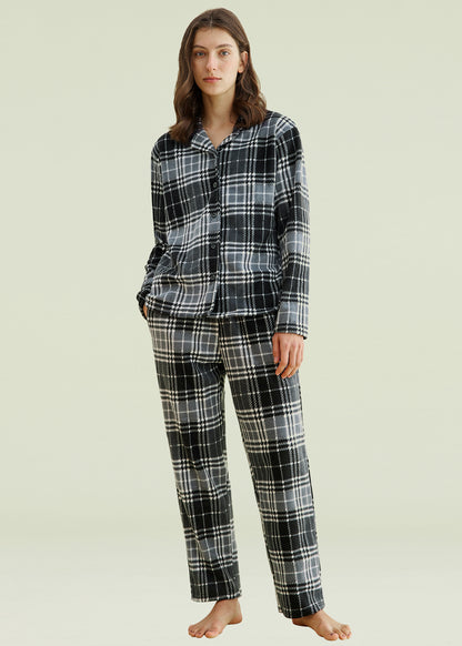 Women's Plaid Fleece Pajamas Set Notch Collar Shirt and Pants