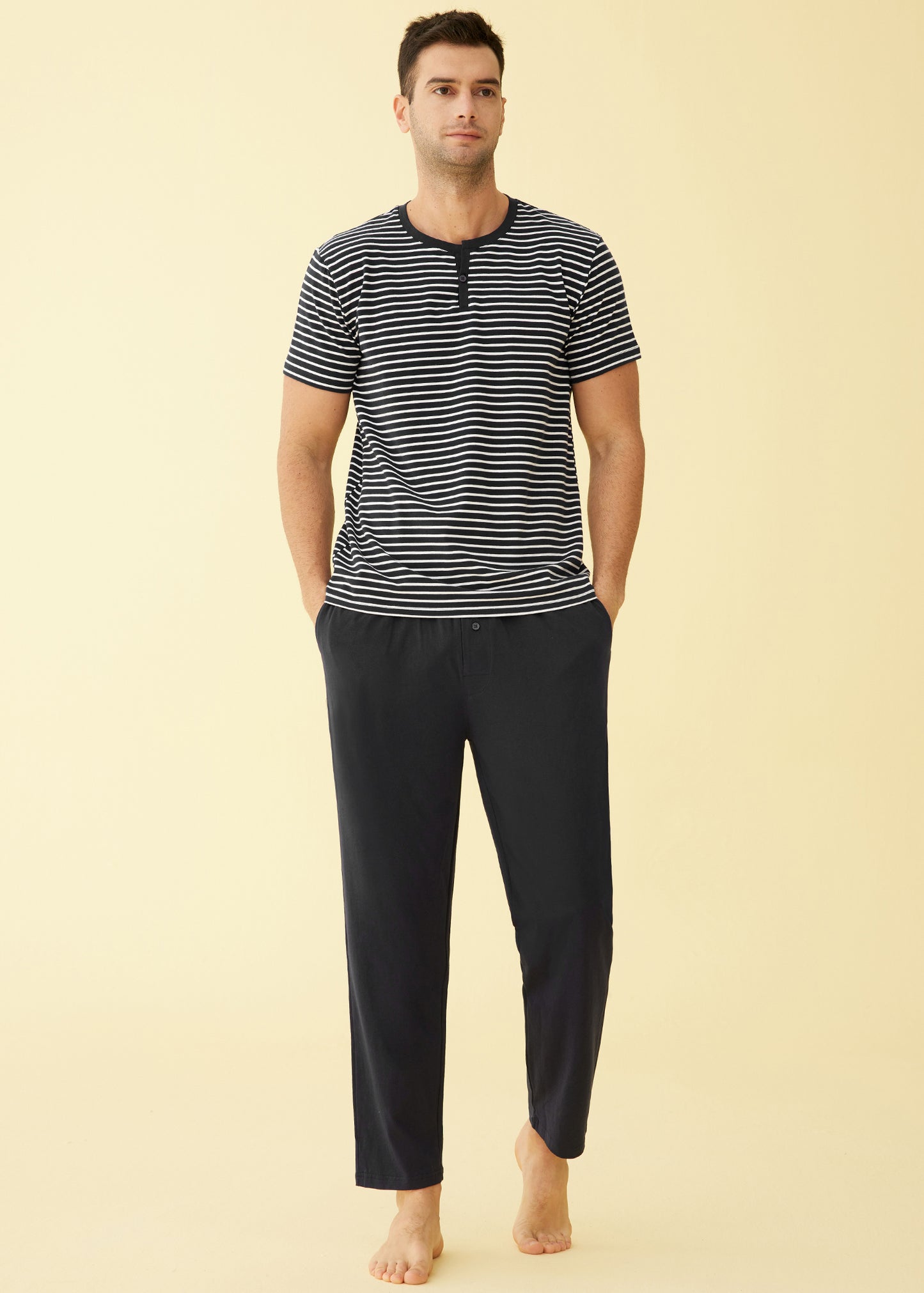 Men's Cotton Pajamas Set Striped Top Sleep Pants with Pockets