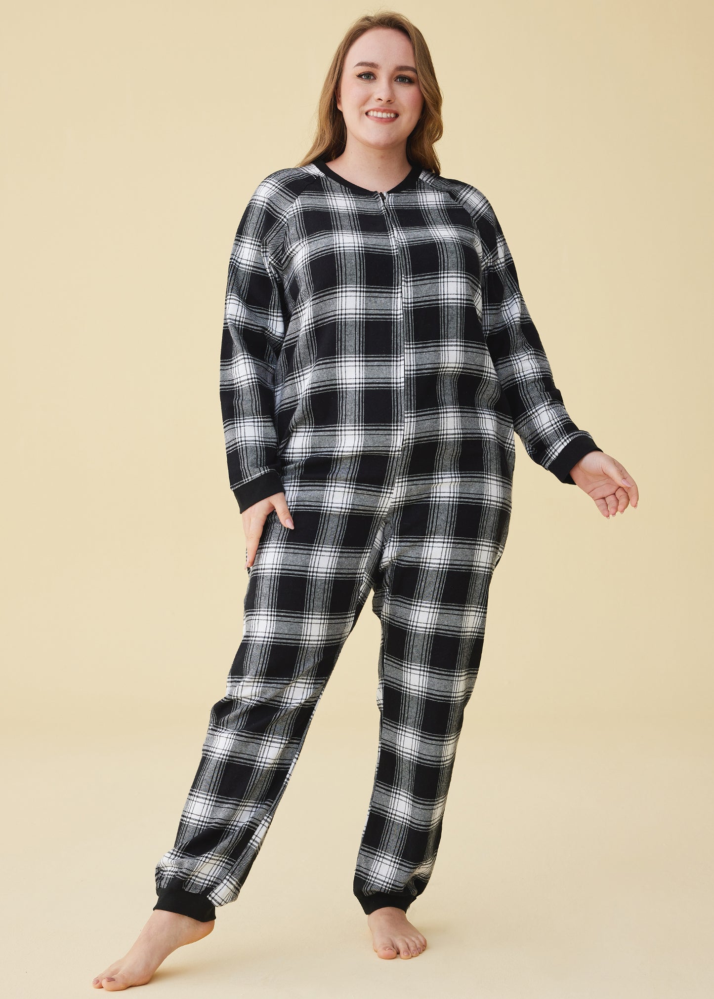 Women's Flannel Zipper Onesie Long Sleeves Pajama Jumpsuit