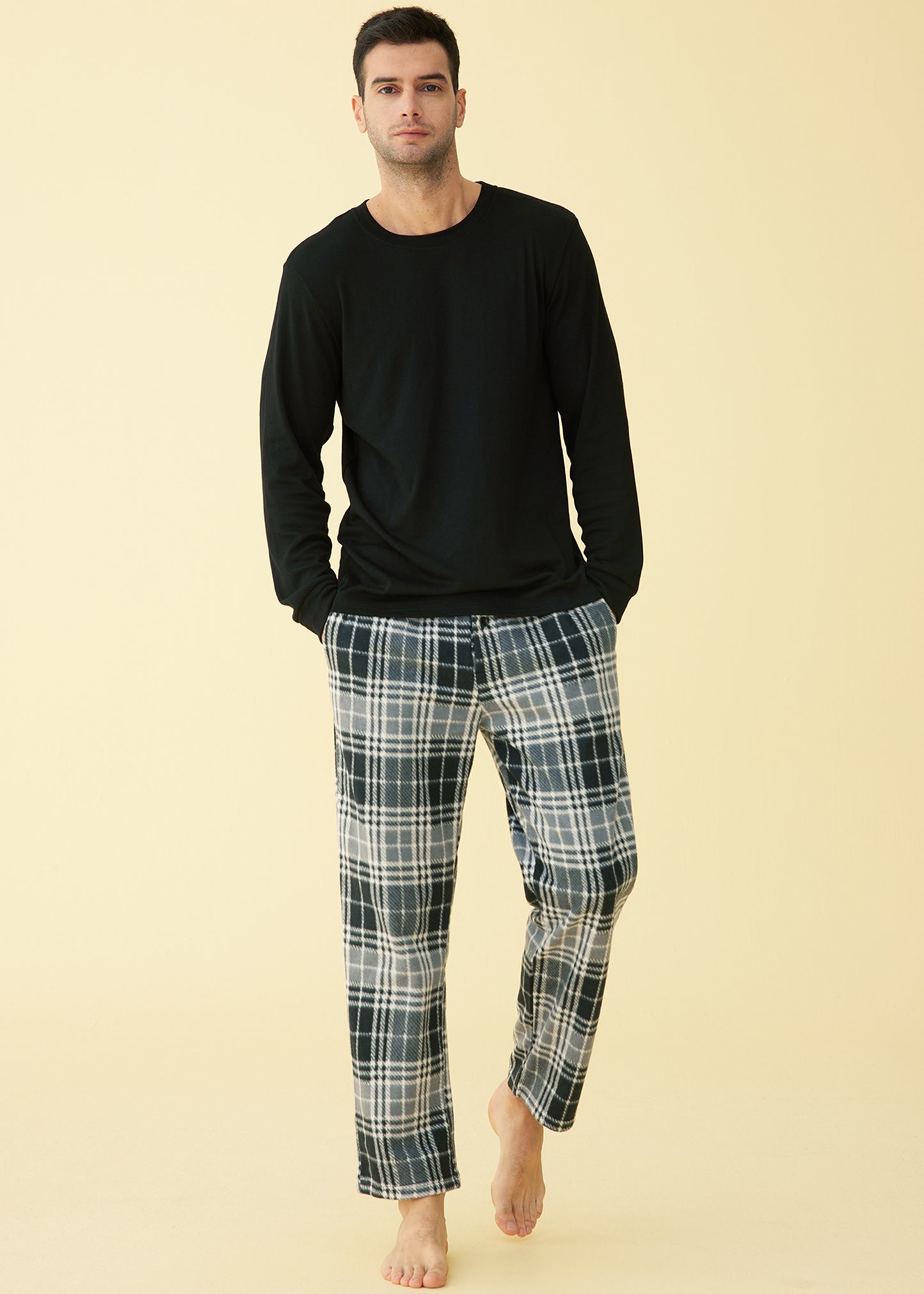 Men's Long Sleeves Top Fleece Plaid Pants Pajama Set