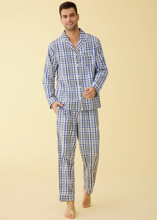 Men's Lightweight Cotton Pajamas Long Sleeves Shirt Pants Set