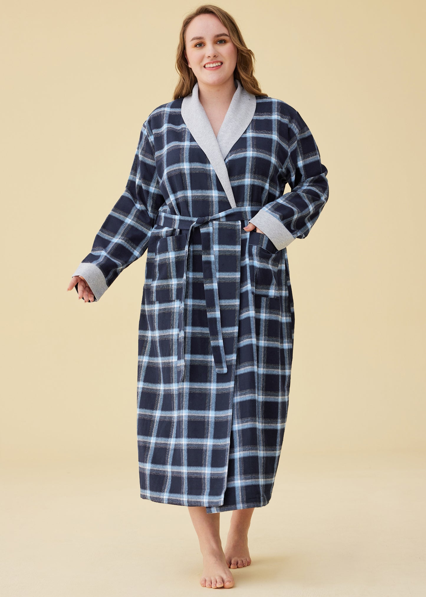 Women's Plaid Flannel Robe Long Cotton Bathrobe with Pockets