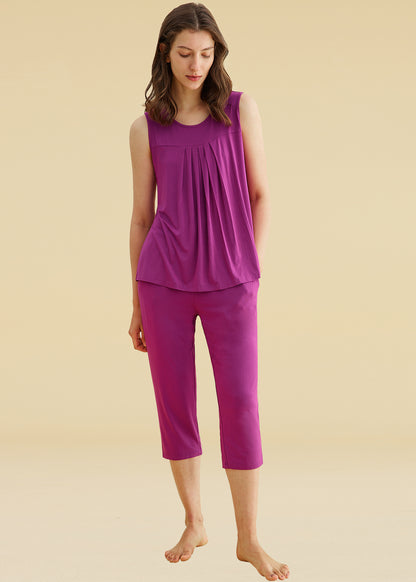 Women's Pleated Tank Top Bamboo Capri Pajama Sets