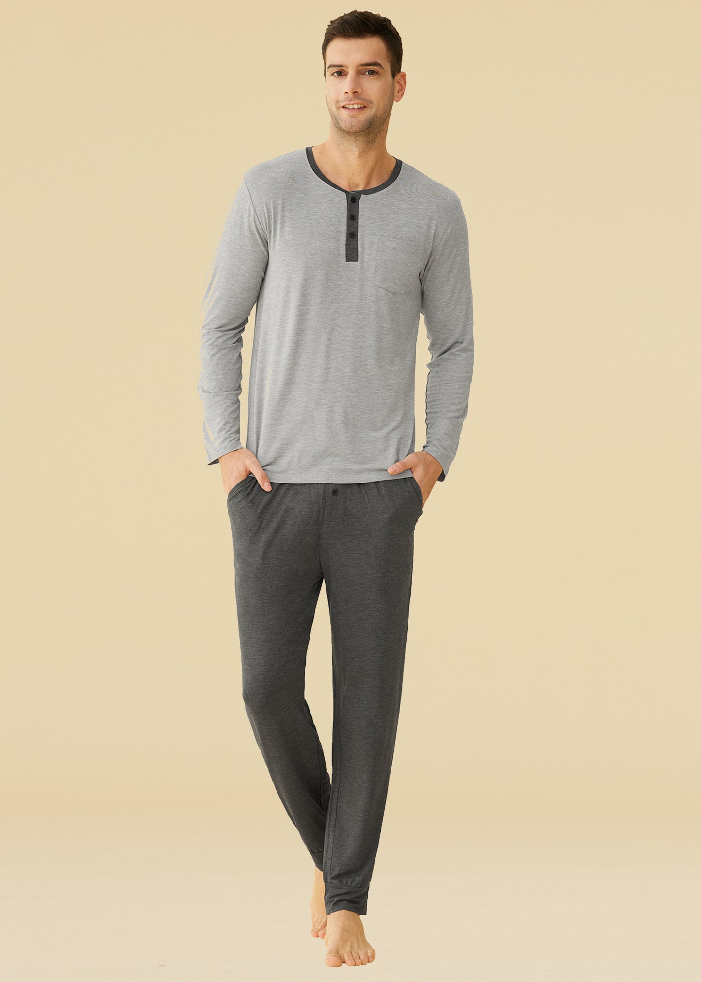 Men's Bamboo Viscose Pajamas Set Henley Long Sleeves Top Pants