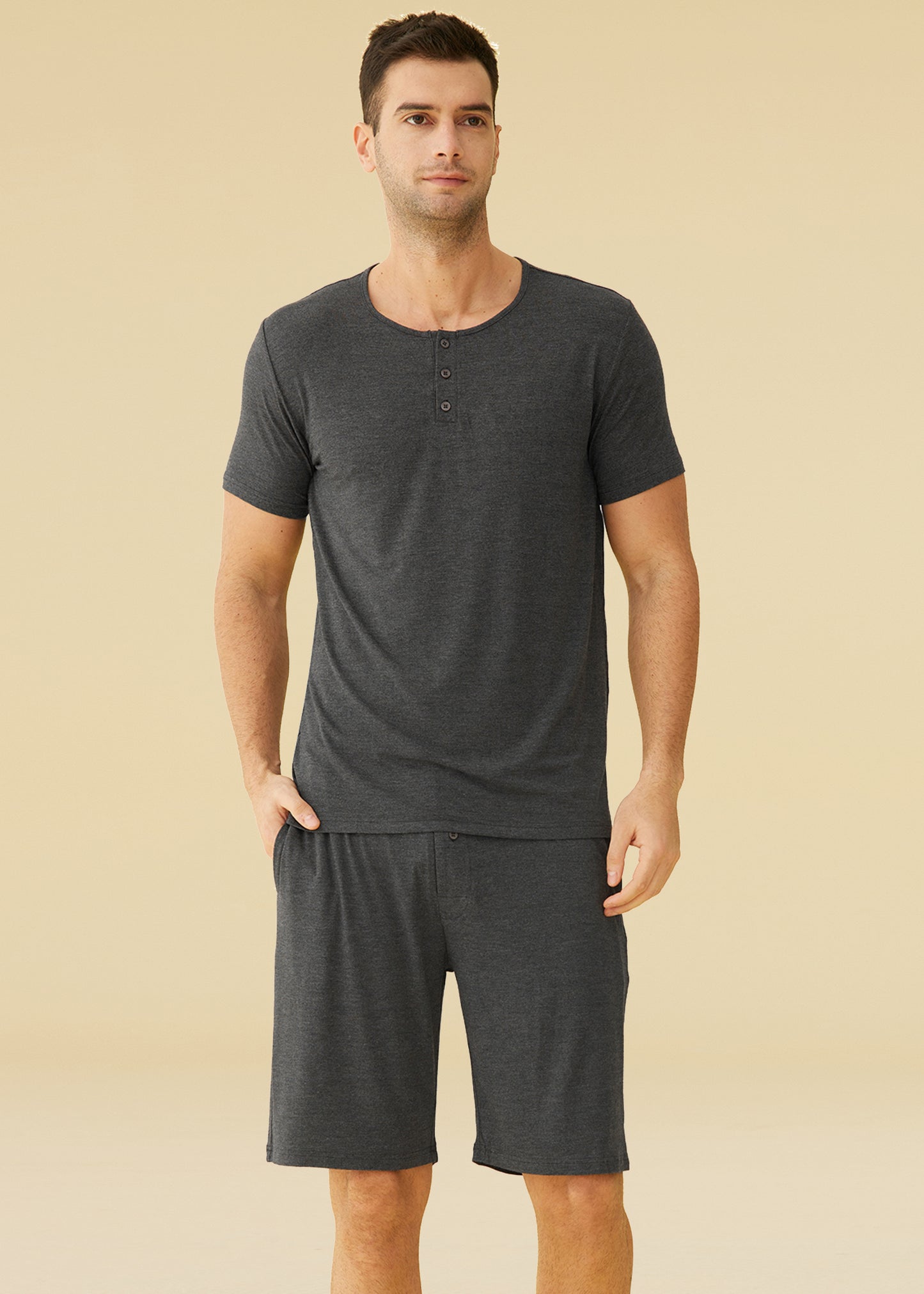 Men's Bamboo Viscose Henley Shirt Lounge Shorts Pajama Set