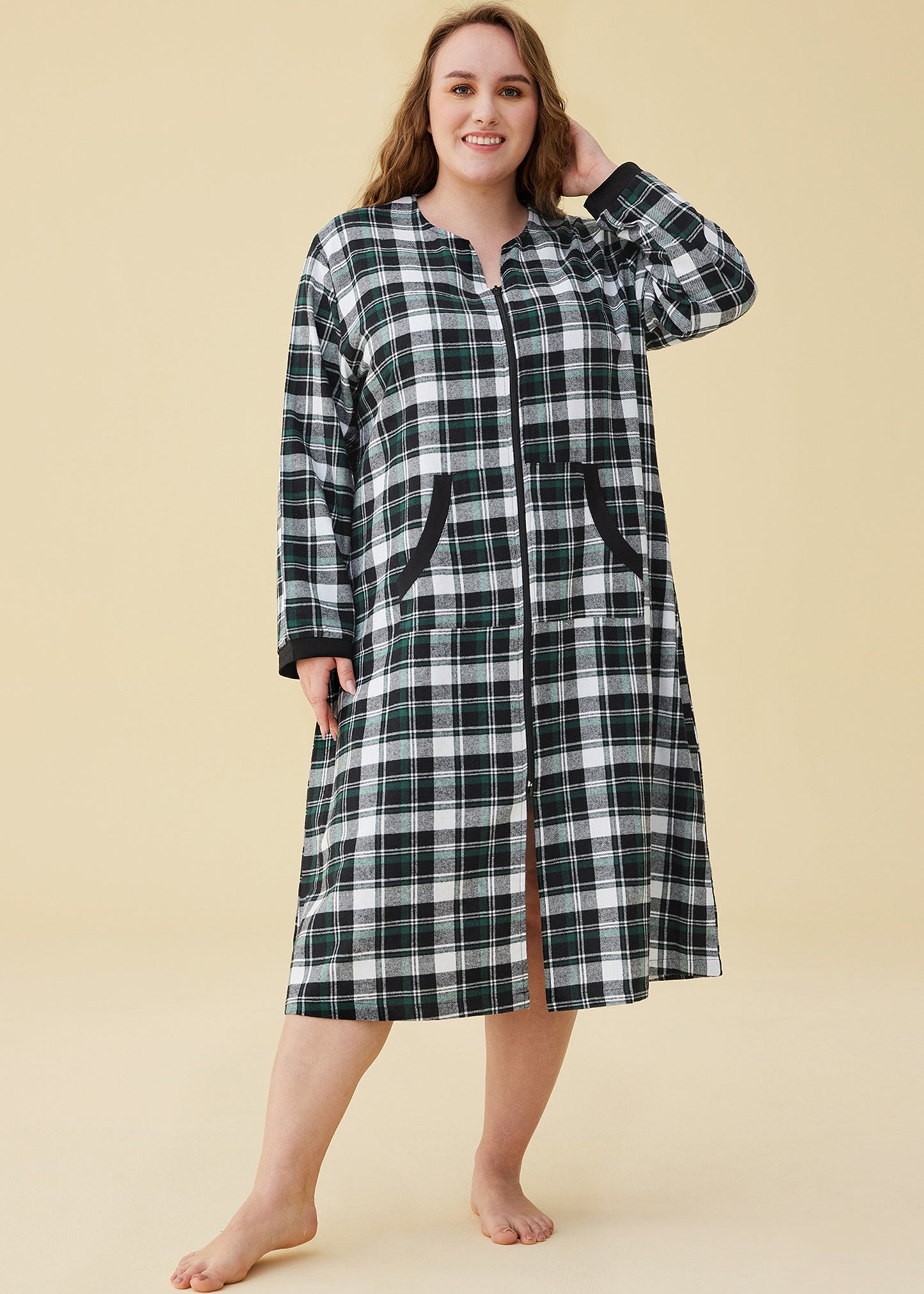 Women's Cotton Plaid Nightgown Long Flannel Zipper Nightgown