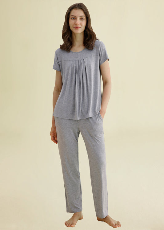 Women’s Bamboo Sleepwear Pleated Shirt Pants Pajamas Set