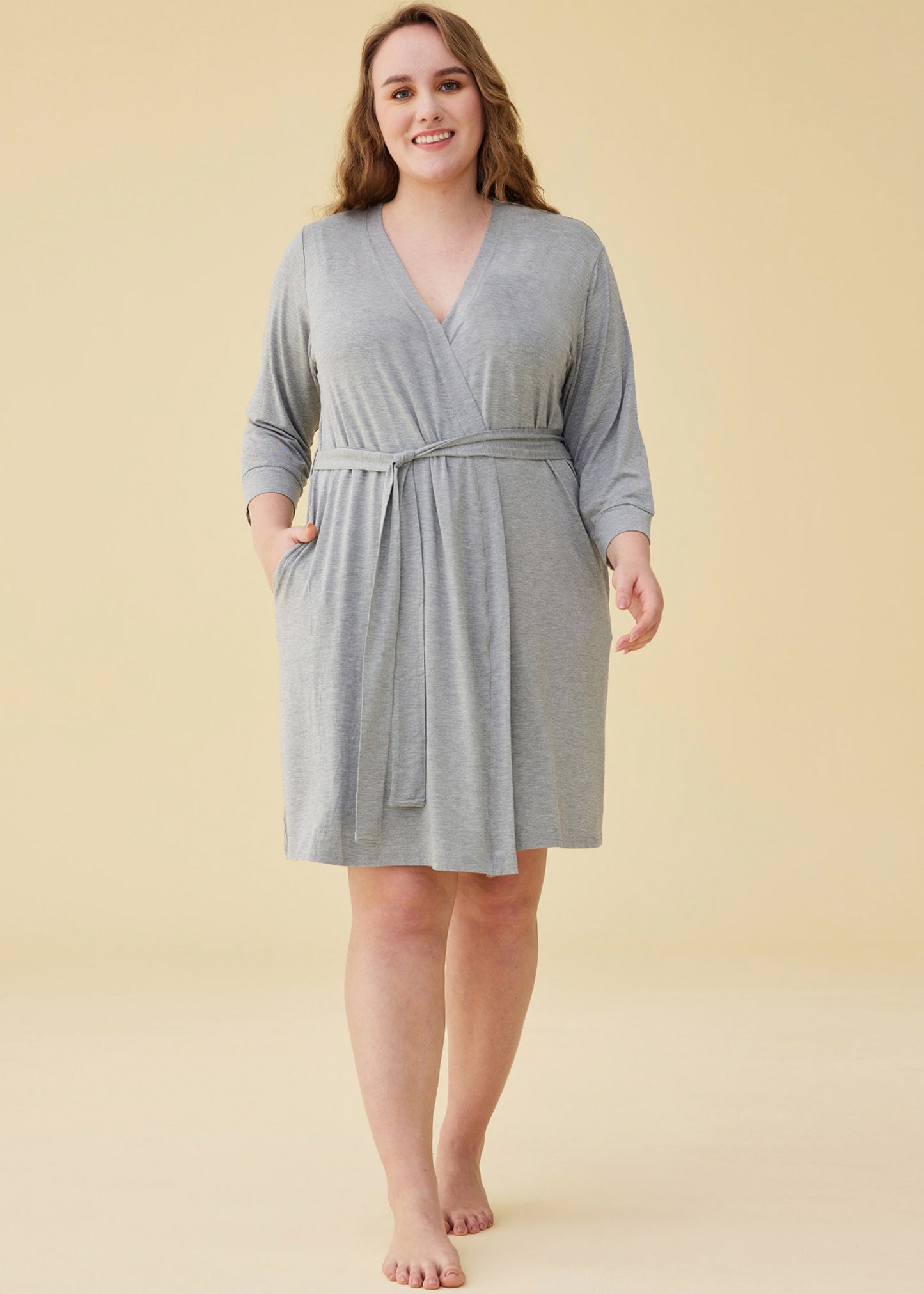 Women's Bamboo Viscose 3/4 Sleeves Short Robe with Pockets