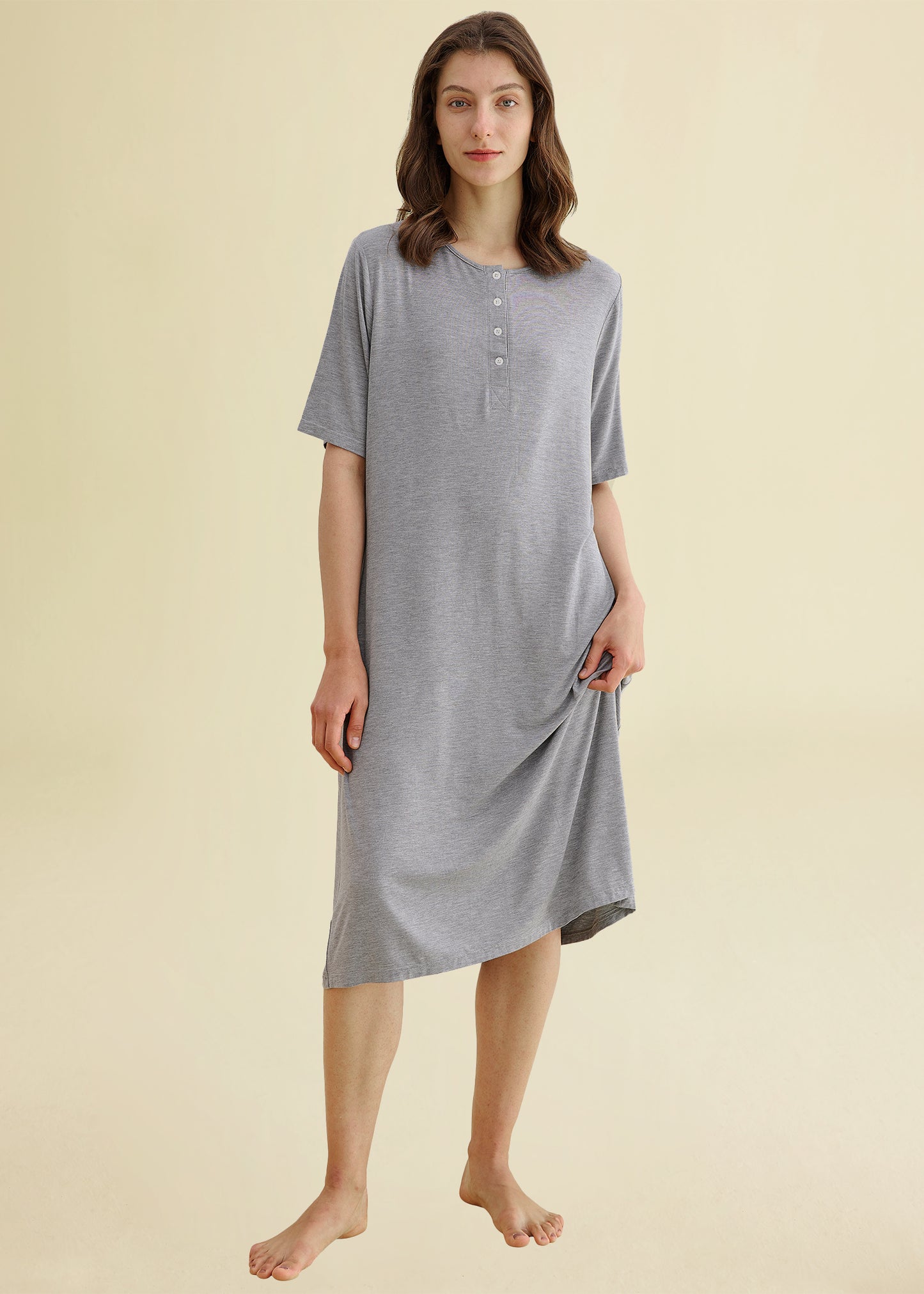Women's Long Sleep Shirt Henley Nightshirt with Pockets