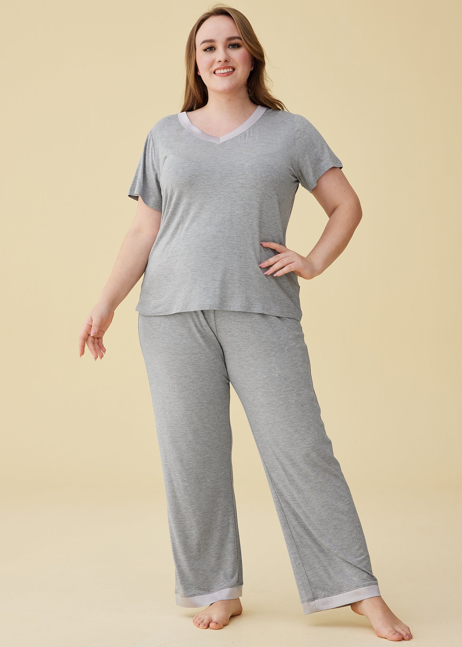 Women's V-Neck Sleepwear Short Sleeves Top with Pants Pajama Set