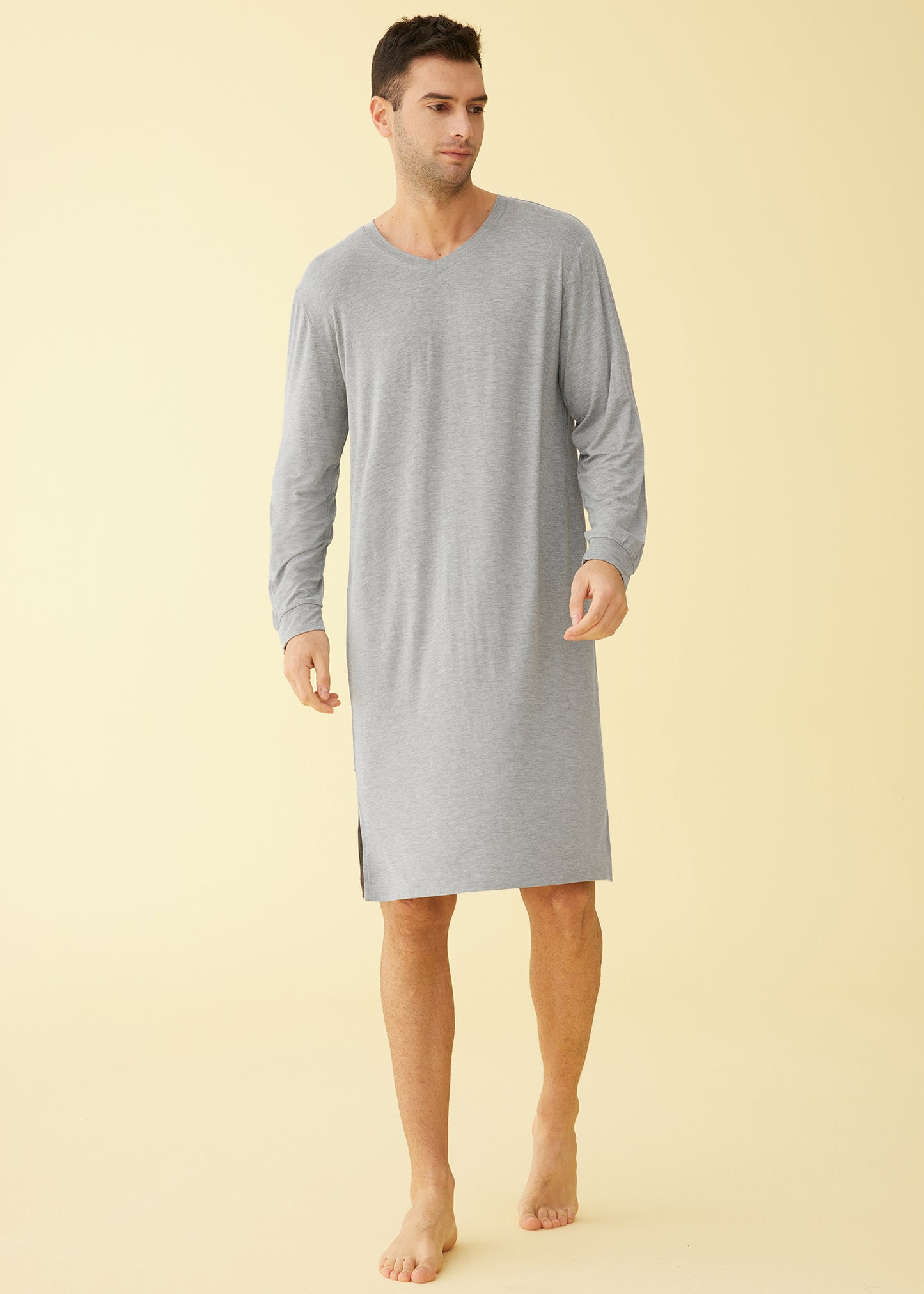 Men's V Neck Bamboo Viscose Nightshirt Long Sleeves Sleep Shirt