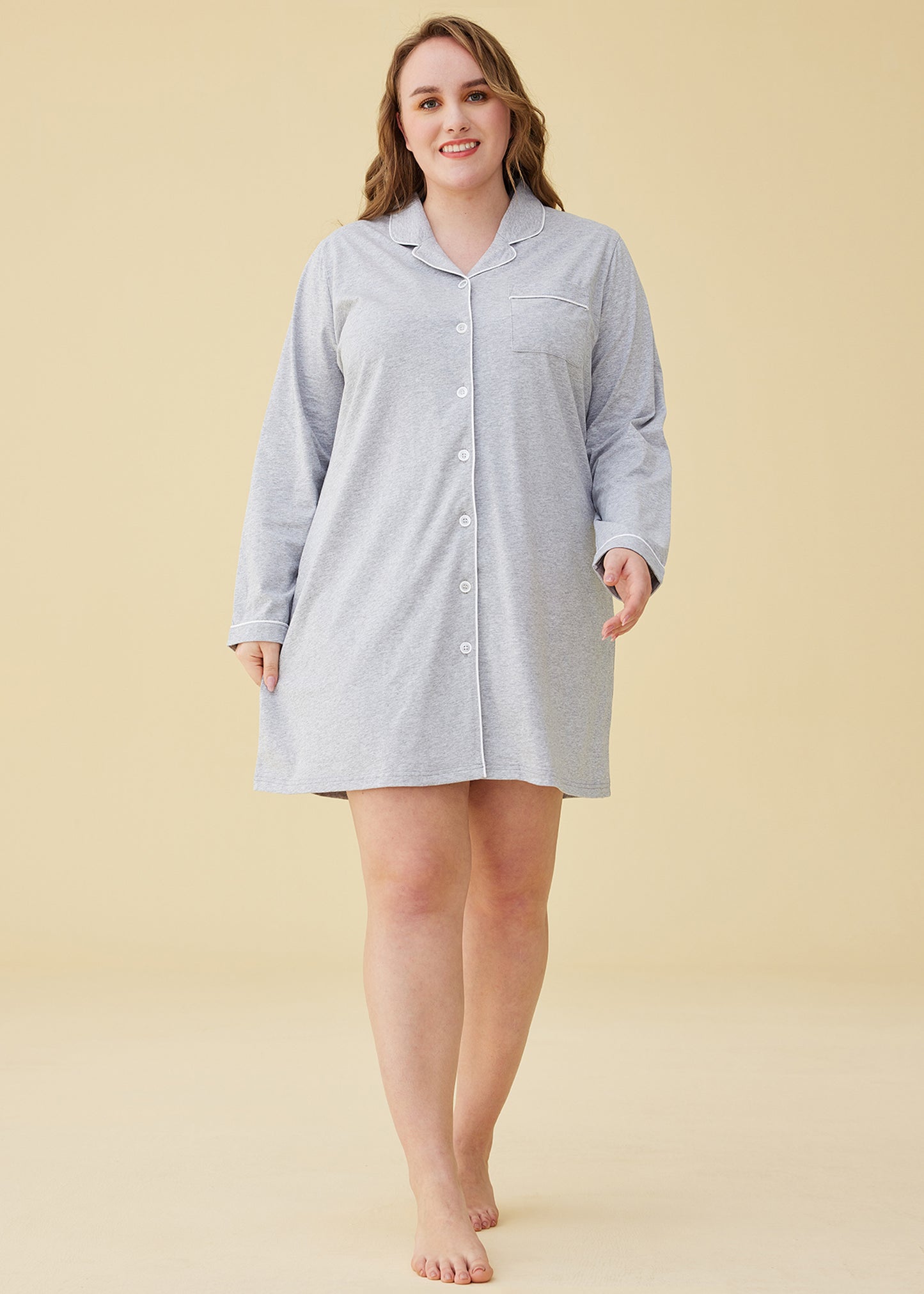 Women's Cotton Nightshirt Button Up Long Sleeves Sleep Shirt