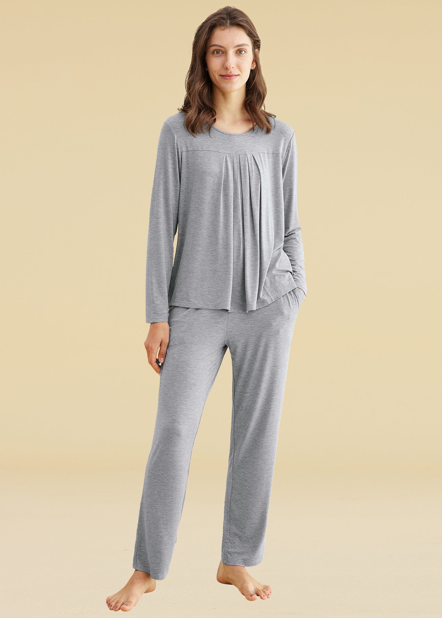 Women's Long Sleeves Bamboo Viscose Pleated Tops Pajamas Pants with Pockets