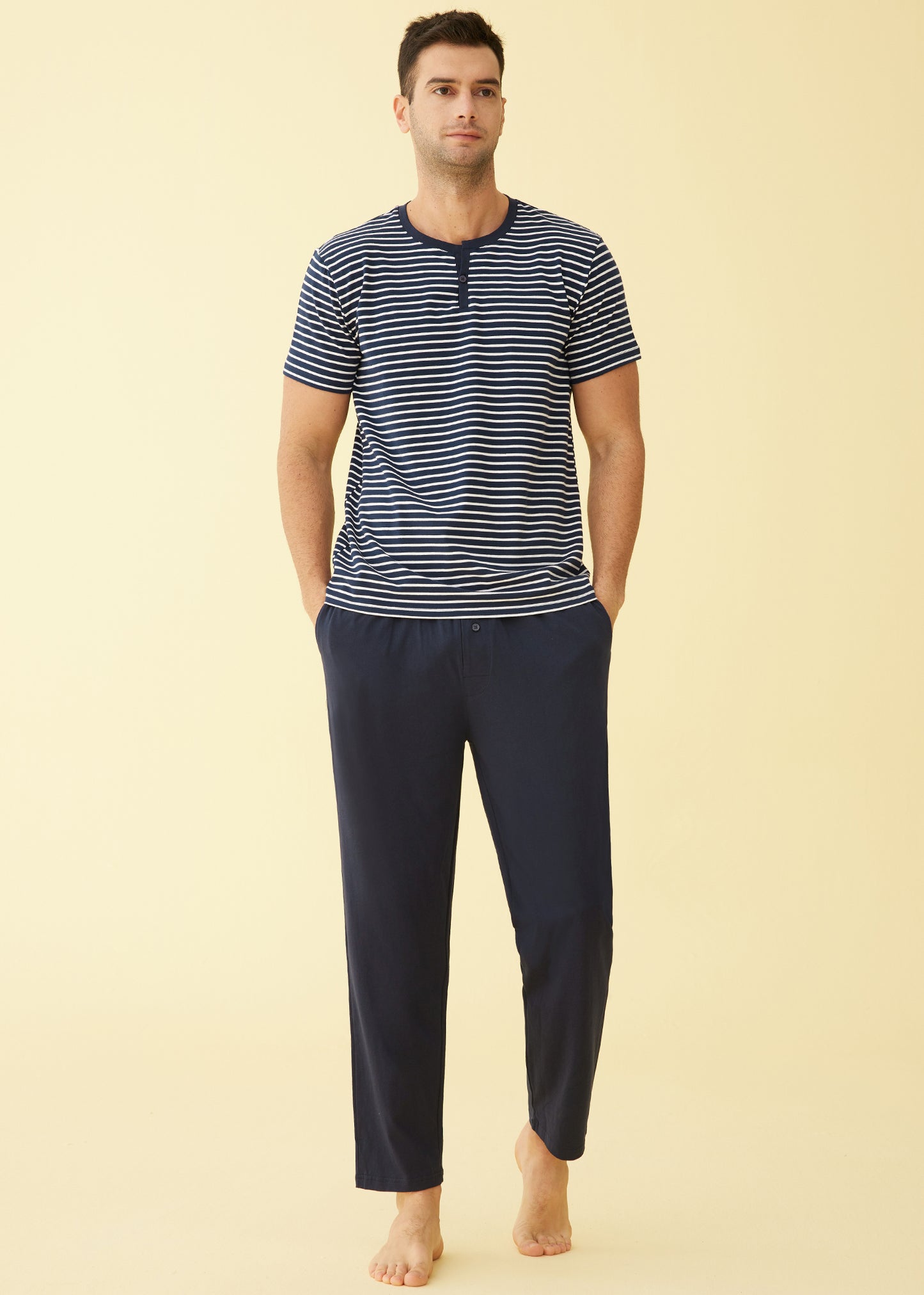 Men's Cotton Pajamas Set Striped Top Sleep Pants with Pockets