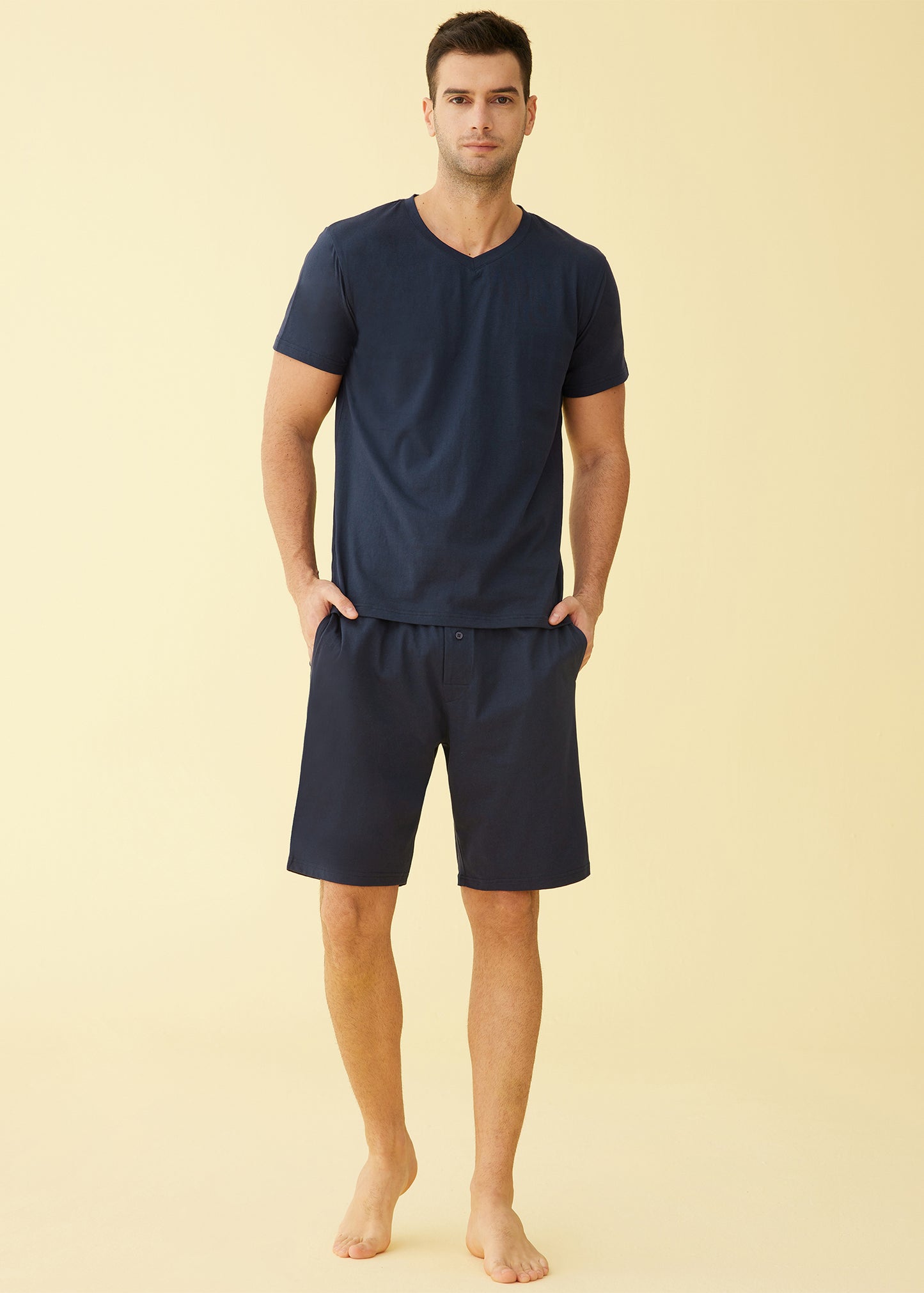 Men's Cotton Shirt with Shorts Pajama Set Knit Lounge Set