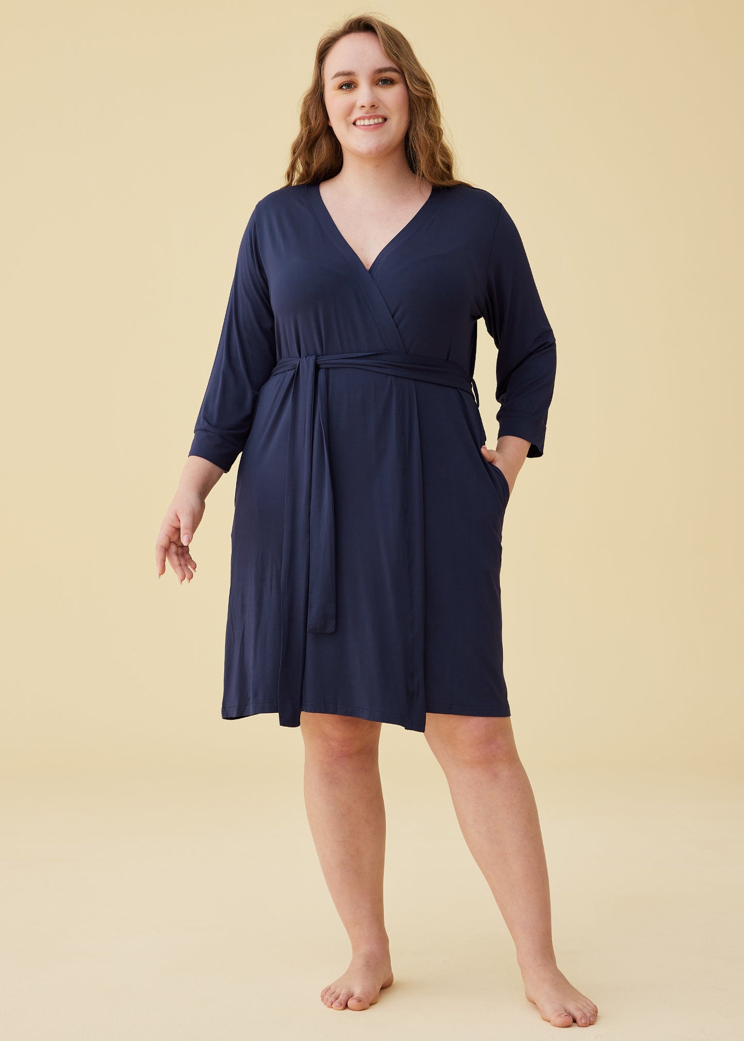 Women's Bamboo Viscose 3/4 Sleeves Short Robe with Pockets