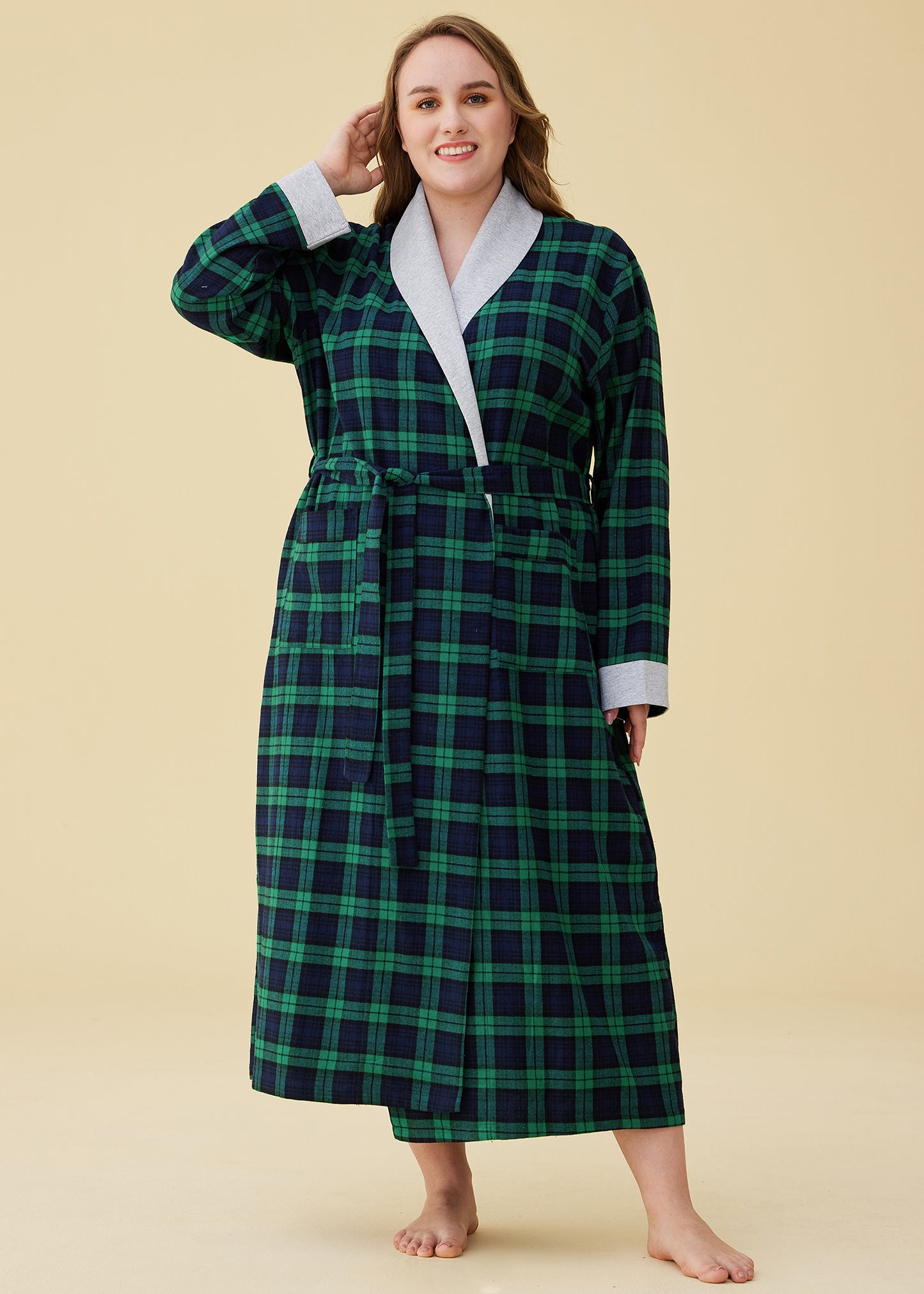 Women's Classic Cotton Flannel Robe with Pockets, Short Bathrobe