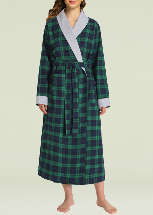 Women's Plaid Flannel Robe Long Cotton Bathrobe with Pockets