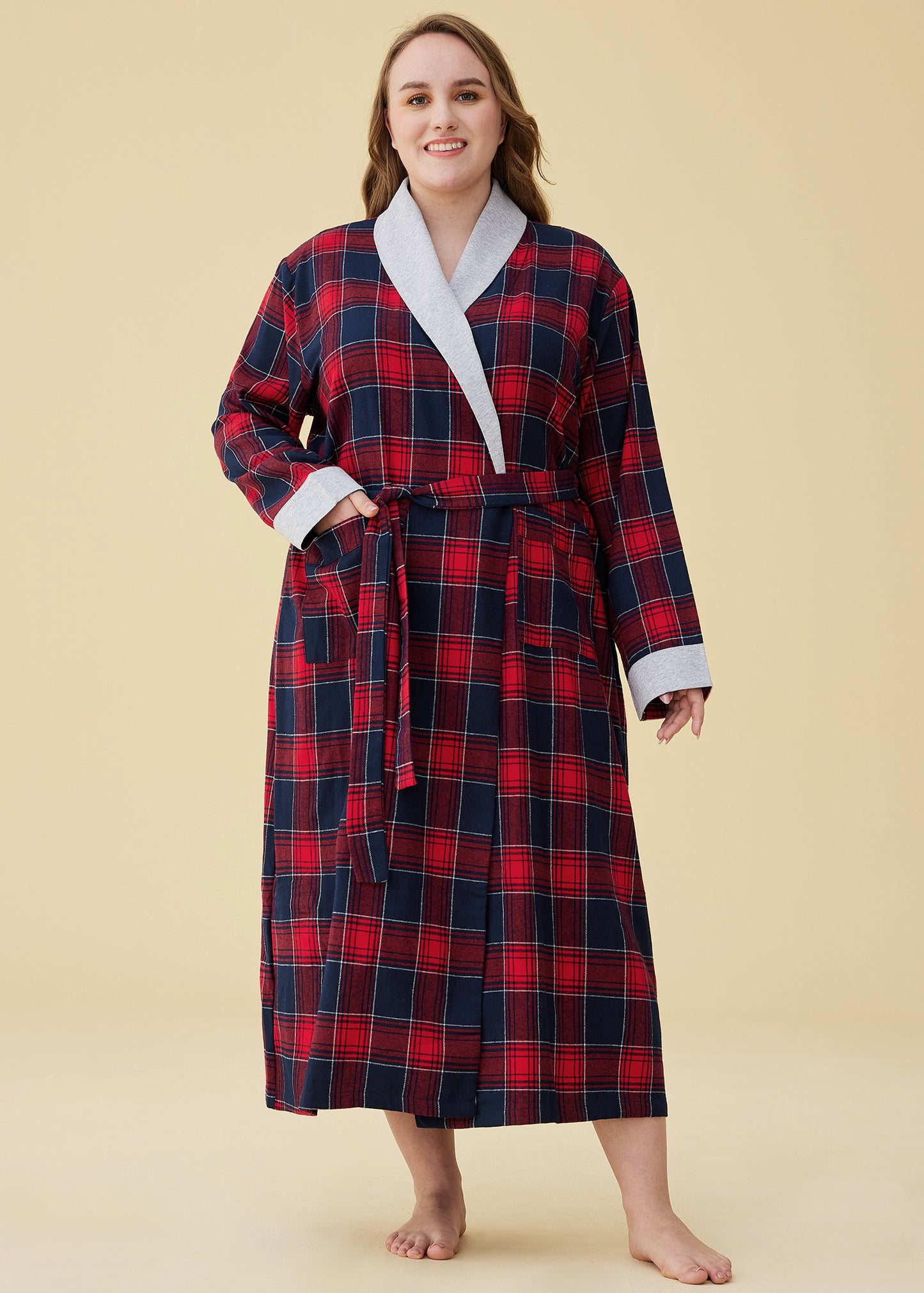 Women's Plaid Flannel Robe Long Cotton Bathrobe with Pockets