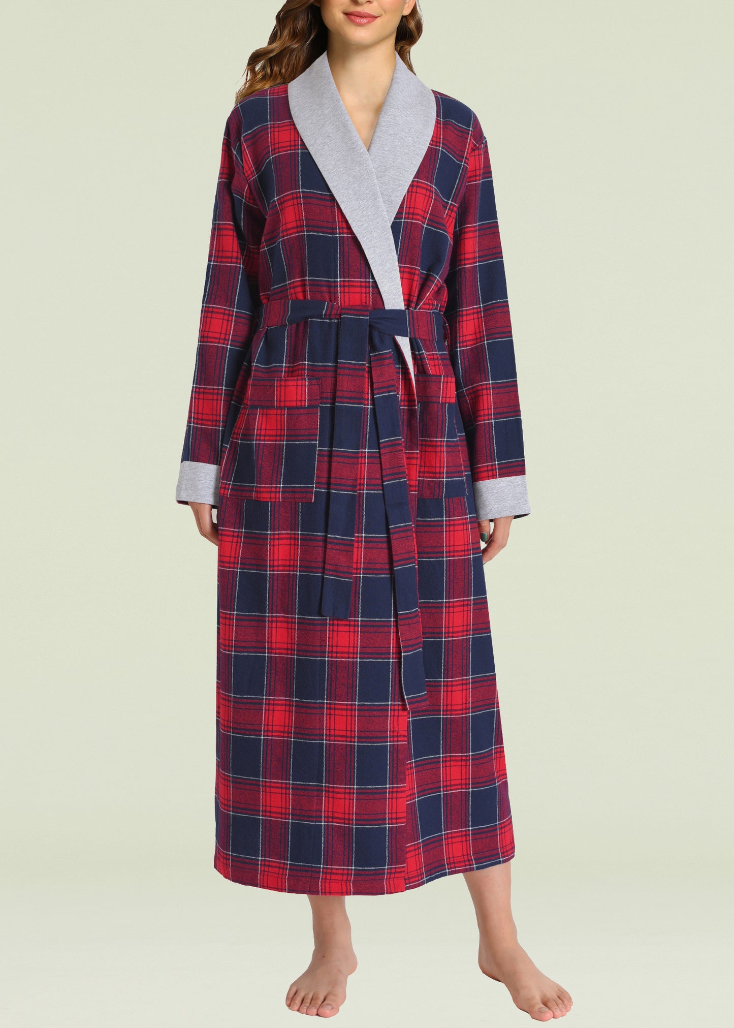 Women's Plaid Flannel Robe Long Cotton Bathrobe with Pockets