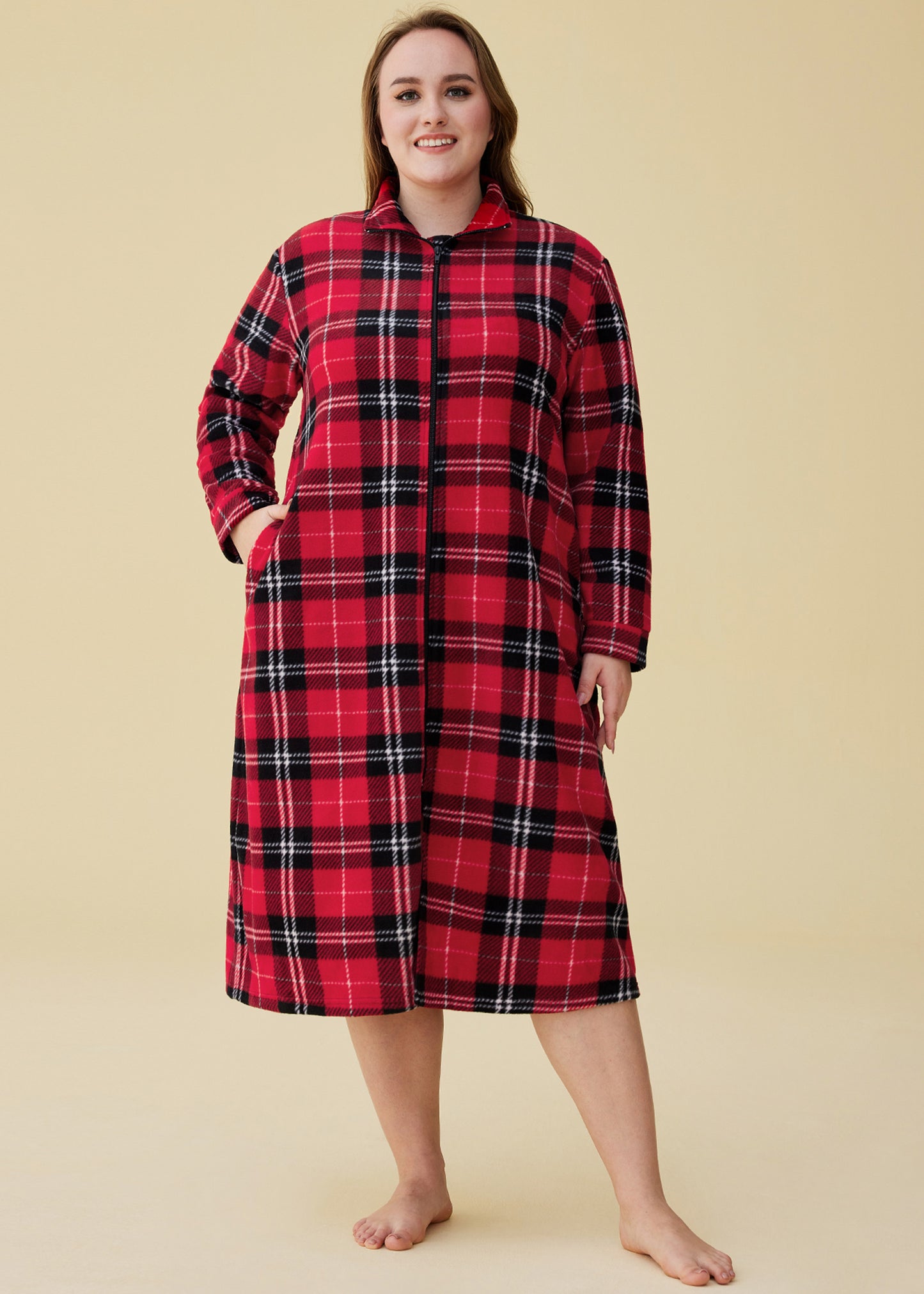 Women's Fleece Zipper Robe Long Sleeves Bathrobe with Pockets