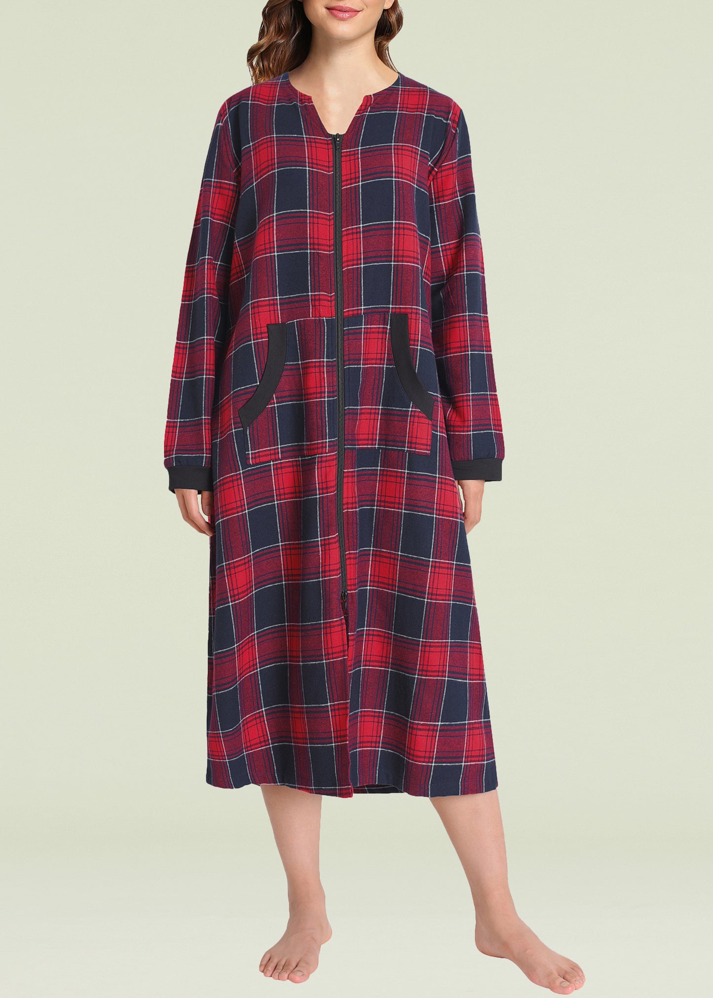 Women's Cotton Plaid Nightgown Long Flannel Zipper Nightgown