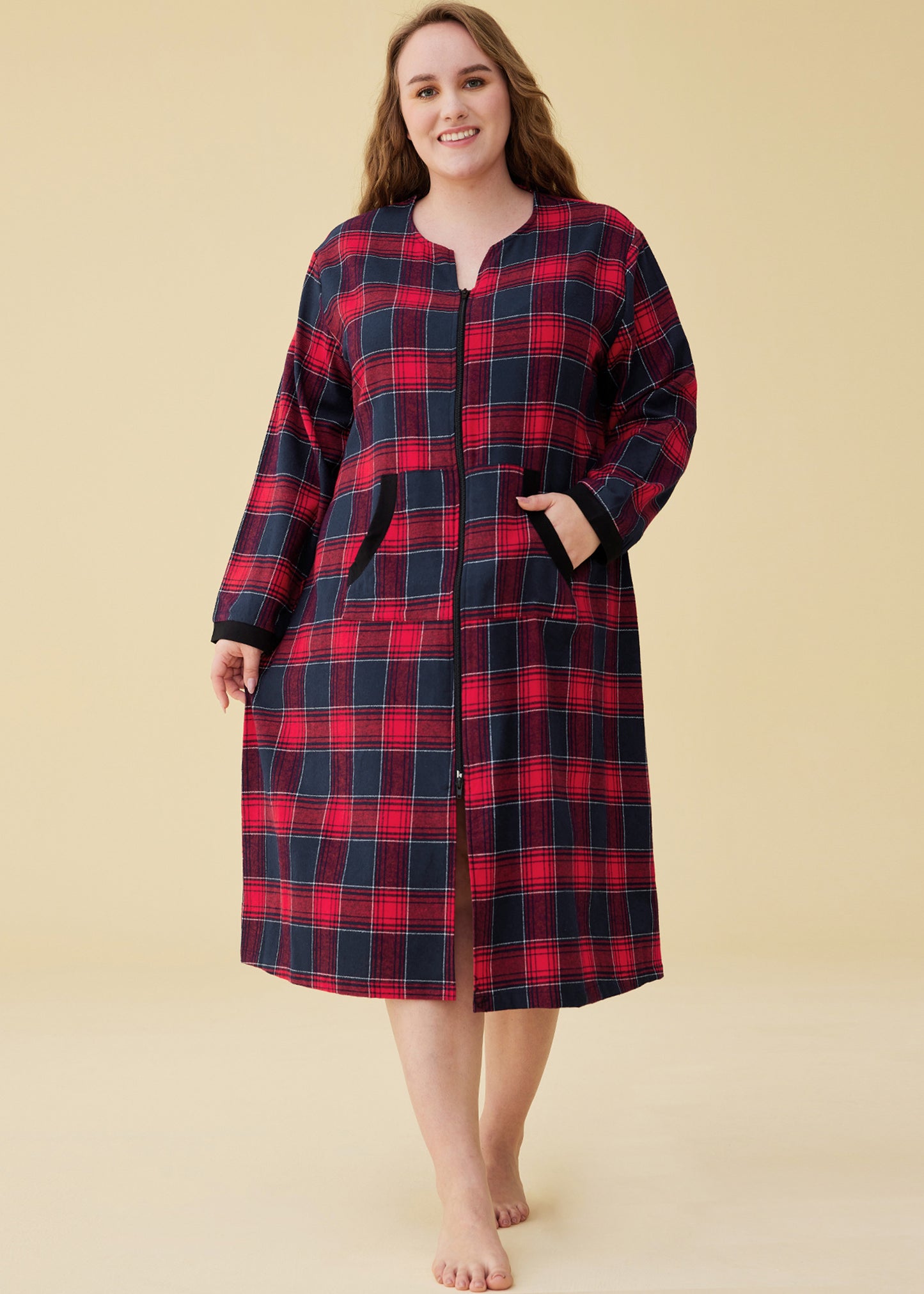 Women's Cotton Plaid Nightgown Long Flannel Zipper Nightgown