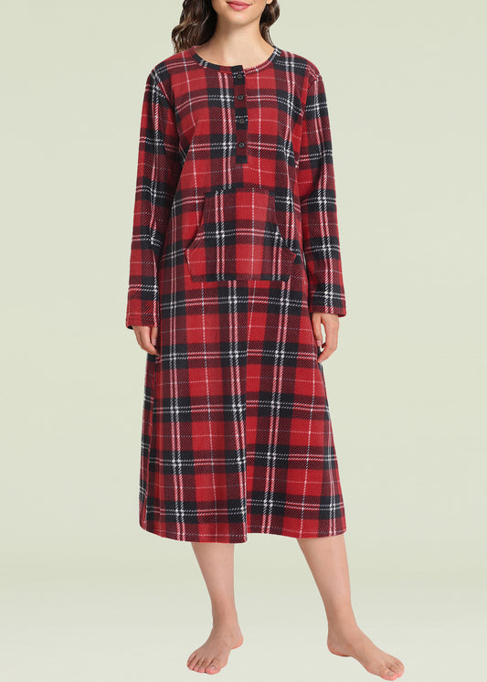 Women's Plaid Fleece Nightgown Warm Long Sleeves Sleep Shirt