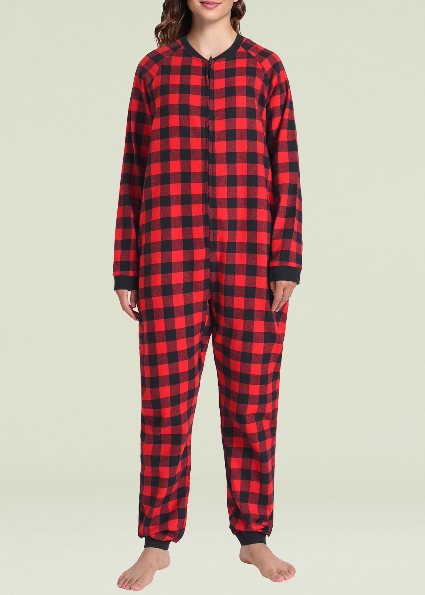 Women's Flannel Zipper Onesie Long Sleeves Pajama Jumpsuit