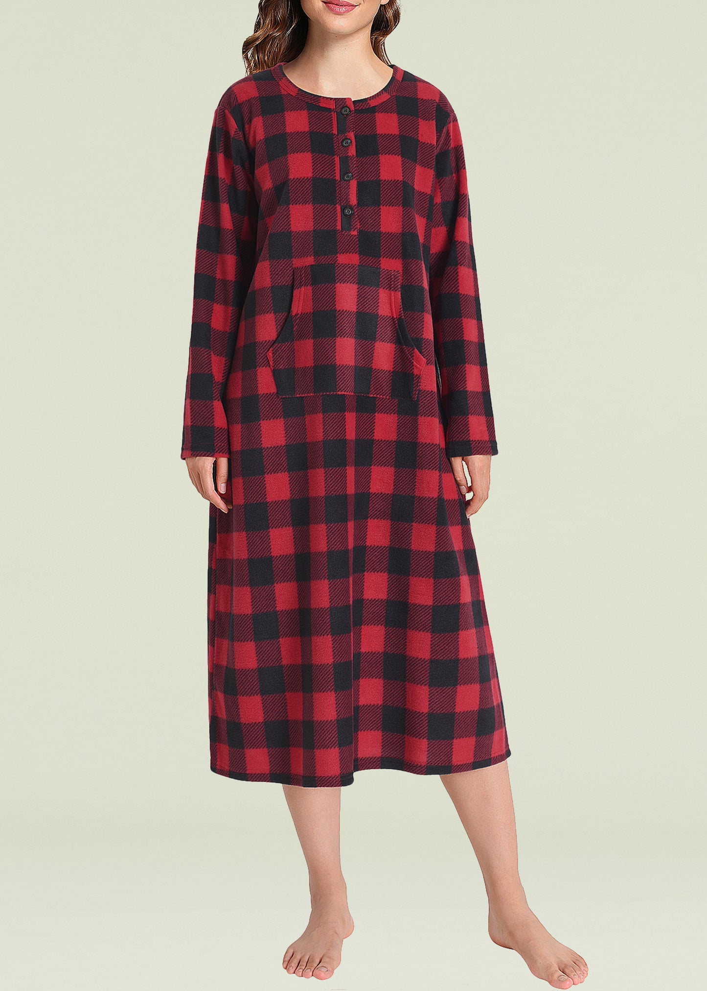 Women's Plaid Fleece Nightgown Warm Long Sleeves Sleep Shirt