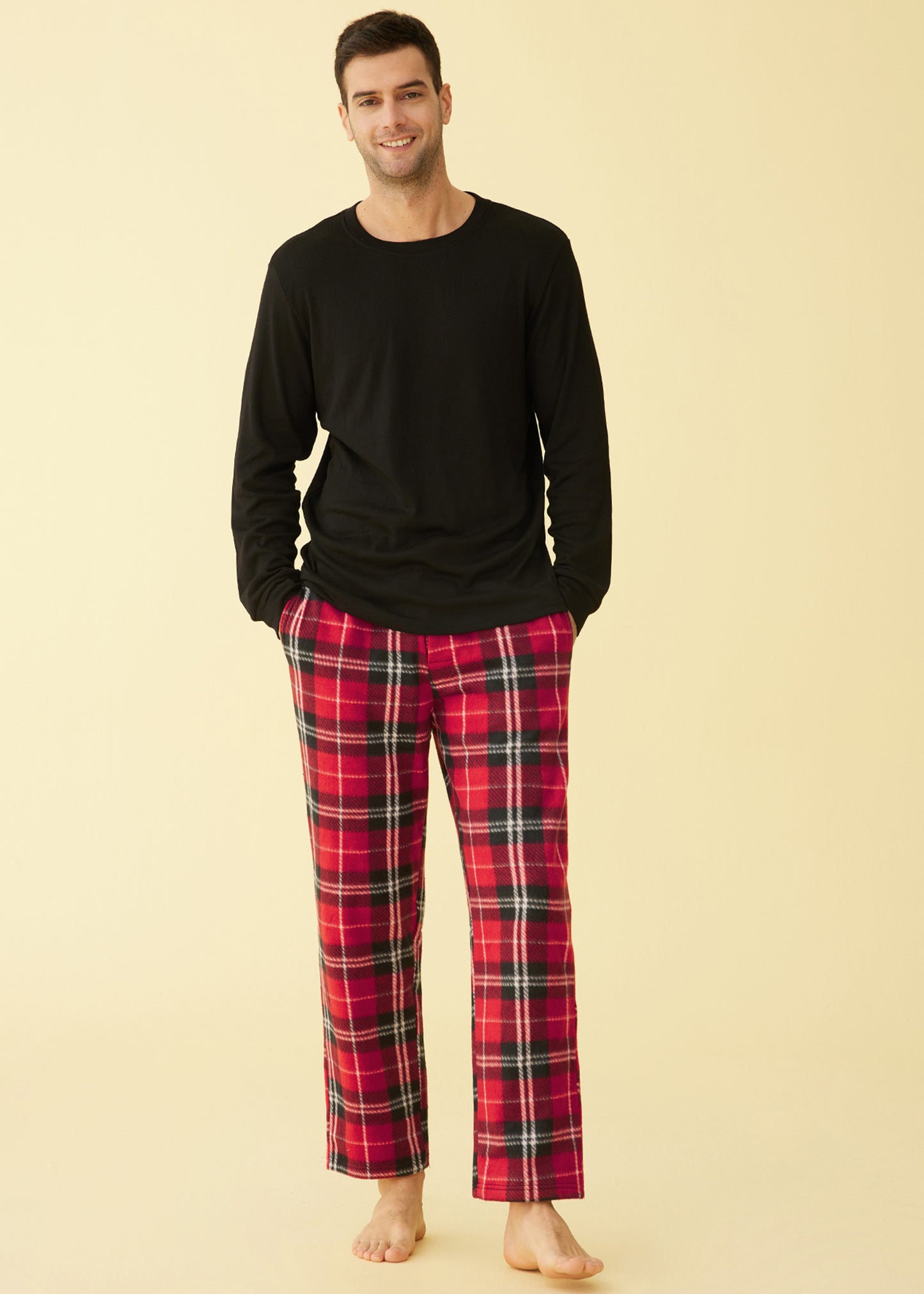 Men's Long Sleeves Top Fleece Plaid Pants Pajama Set